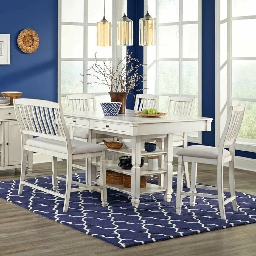 Lifestyle Furniture White Rubbed Dinette With Four Pub Stools And Bench Dining